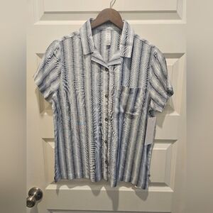 Womens Button Down Collared Blue Striped Short Sleeve top